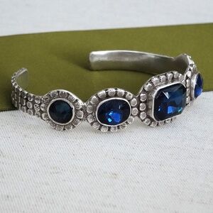 5 Stone Silver Cuff Bracelet, Silver, Blue Sapphire Crystals, Cocktail Jewelry